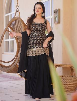 Black silk blend heavy thread embroidery work kurta palazzo set 1