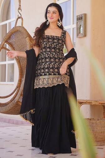Black silk blend heavy thread embroidery work kurta palazzo set