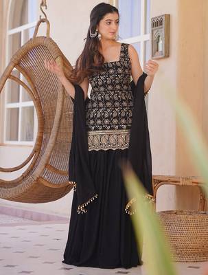 Black silk blend heavy thread embroidery work kurta palazzo set 2