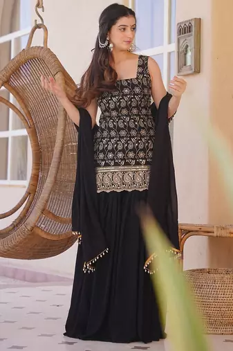Black silk blend heavy thread embroidery work kurta palazzo set