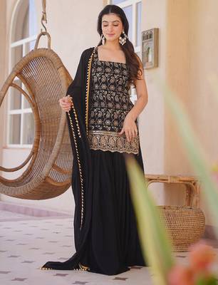Black silk blend heavy thread embroidery work kurta palazzo set 3