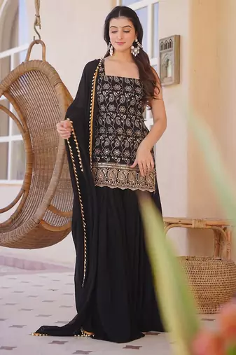 Black silk blend heavy thread embroidery work kurta palazzo set