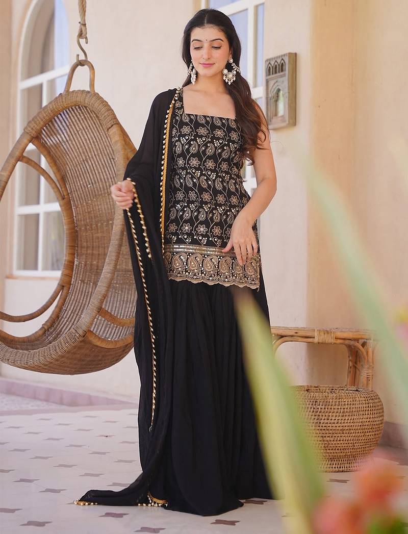 Black silk blend heavy thread embroidery work kurta palazzo set