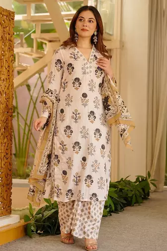 Off white rayon slub printed kurta pant set