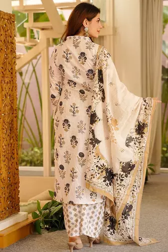 Off white rayon slub printed kurta pant set