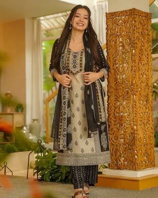 Beige rayon slub printed kurta pant set 1
