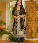 Beige rayon slub printed kurta pant set