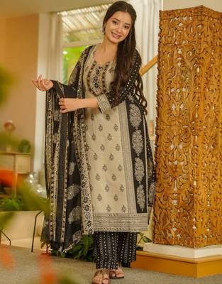 Beige rayon slub printed kurta pant set 2
