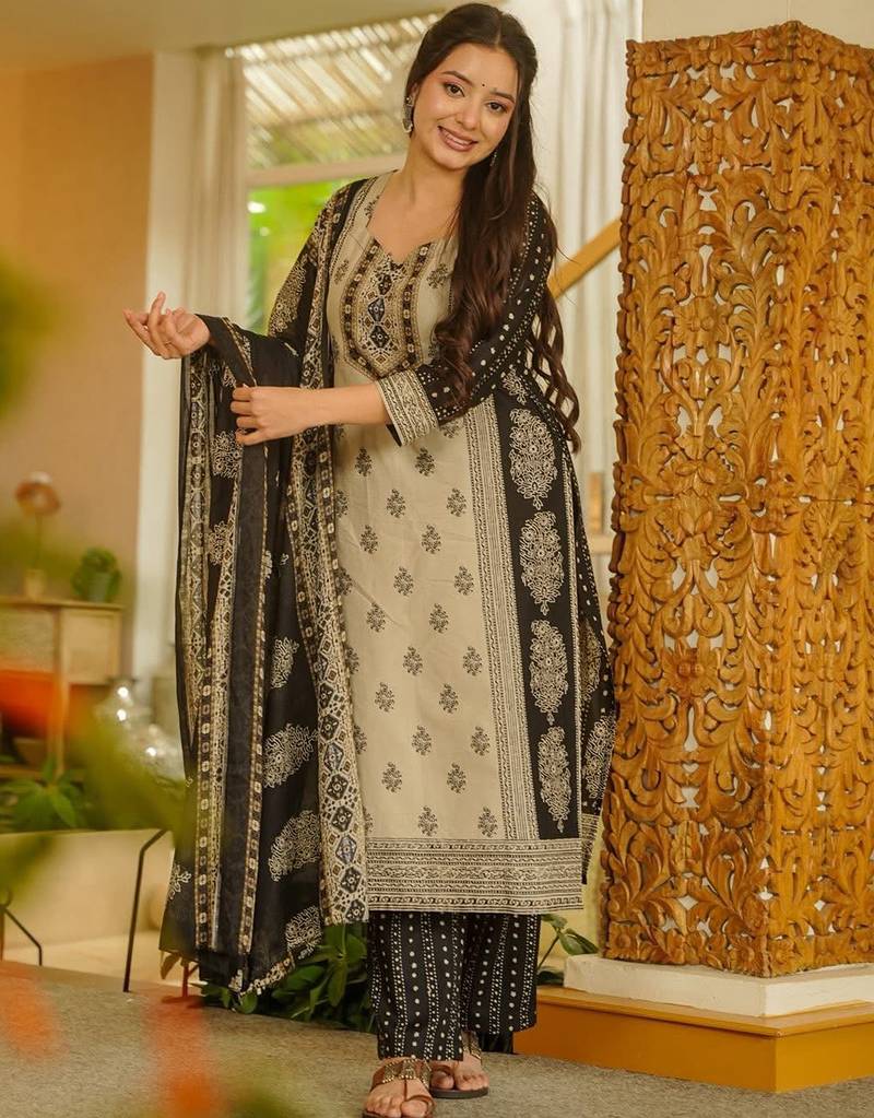 Beige rayon slub printed kurta pant set