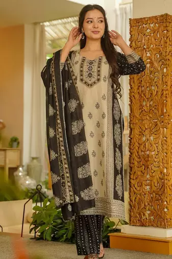 Beige rayon slub printed kurta pant set
