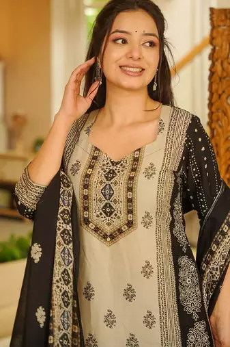 Beige rayon slub printed kurta pant set