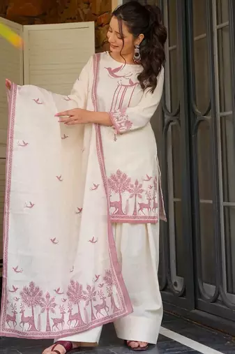 Off white khadi cotton printed kurta palazzo set