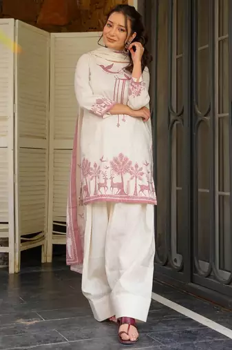 Off white khadi cotton printed kurta palazzo set