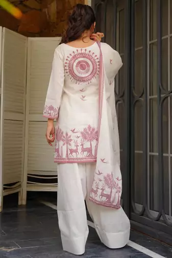 Off white khadi cotton printed kurta palazzo set