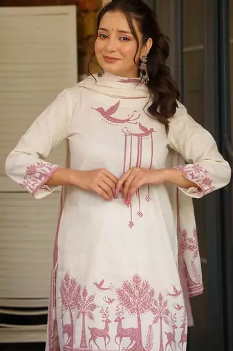 Off white khadi cotton printed kurta palazzo set