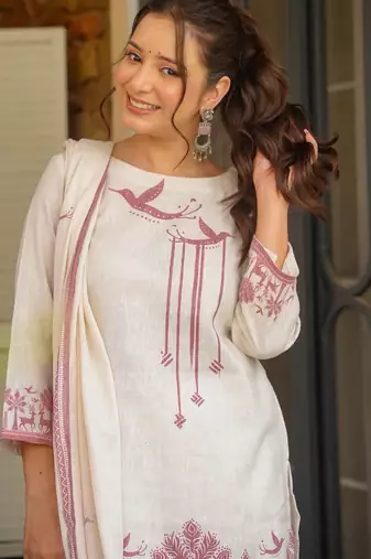 Off white khadi cotton printed kurta palazzo set