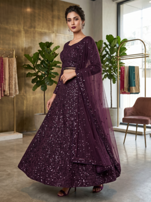 Wine Purple Sequin Embroidered Lehenga Choli with Dupatta for Festive & Wedding Wear 1