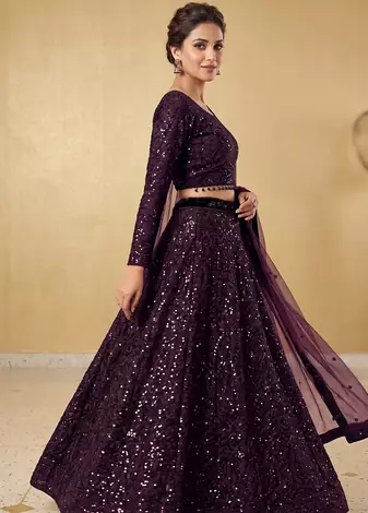 Wine Purple Sequin Embroidered Lehenga Choli with Dupatta for Festive & Wedding Wear