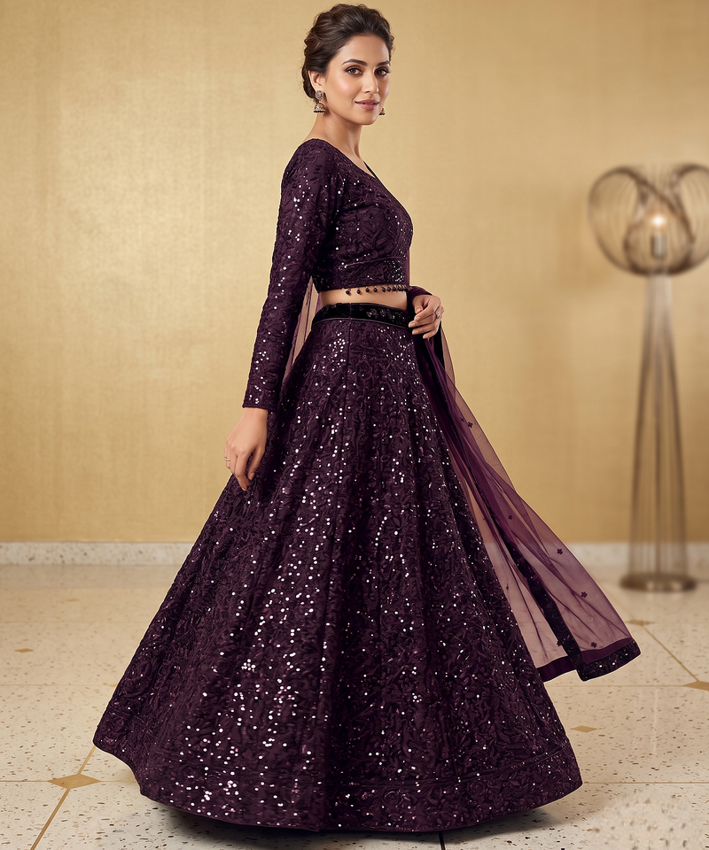 Wine Purple Sequin Embroidered Lehenga Choli with Dupatta for Festive & Wedding Wear