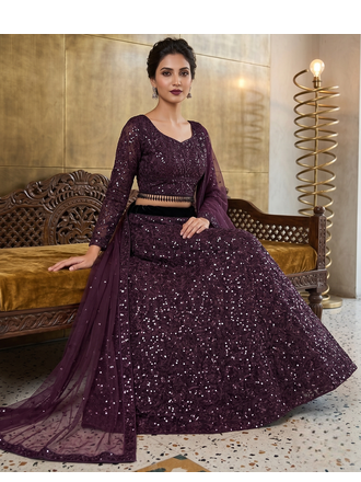 Wine Purple Sequin Embroidered Lehenga Choli with Dupatta for Festive & Wedding Wear 3