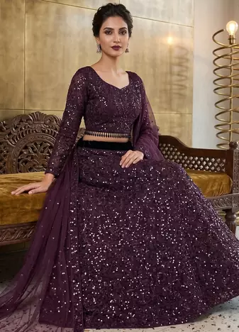 Wine Purple Sequin Embroidered Lehenga Choli with Dupatta for Festive & Wedding Wear