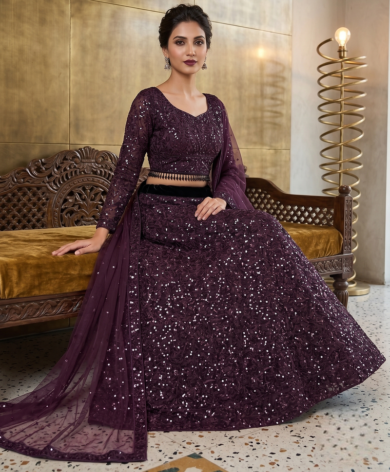 Wine Purple Sequin Embroidered Lehenga Choli with Dupatta for Festive & Wedding Wear