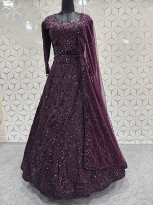 Wine Purple Sequin Embroidered Lehenga Choli with Dupatta for Festive & Wedding Wear 4