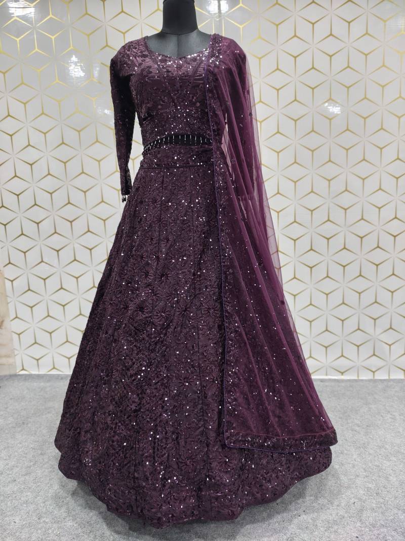 Wine Purple Sequin Embroidered Lehenga Choli with Dupatta for Festive & Wedding Wear