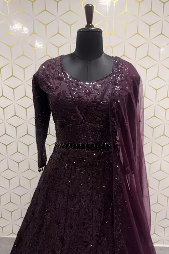 Wine Purple Sequin Embroidered Lehenga Choli with Dupatta for Festive & Wedding Wear