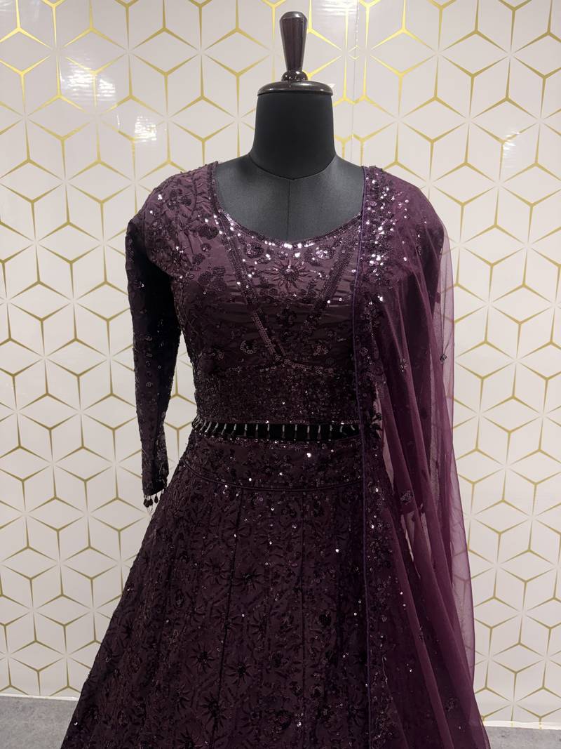 Wine Purple Sequin Embroidered Lehenga Choli with Dupatta for Festive & Wedding Wear