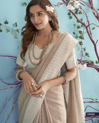 beige linen saree with blouse 3