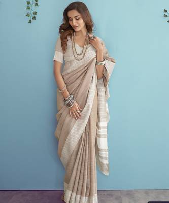 beige linen saree with blouse 4