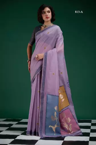 Purple cotton silk printed saree with blouse