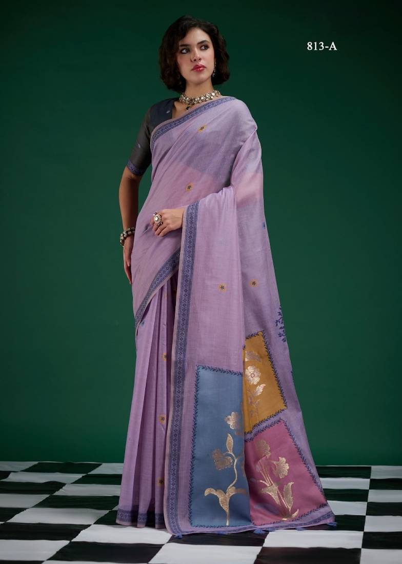Purple cotton silk printed saree with blouse