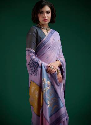 Purple cotton silk printed saree with blouse 2