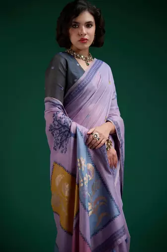 Purple cotton silk printed saree with blouse