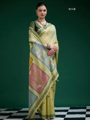 Yellow cotton silk printed saree with blouse 1
