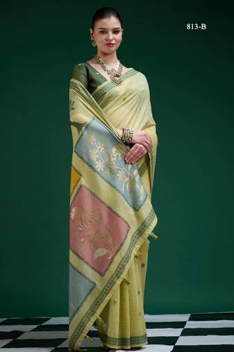 Yellow cotton silk printed saree with blouse