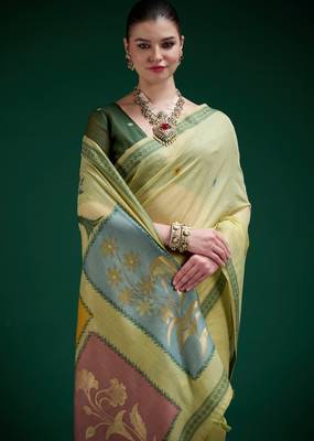 Yellow cotton silk printed saree with blouse 2