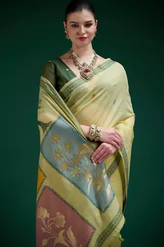 Yellow cotton silk printed saree with blouse