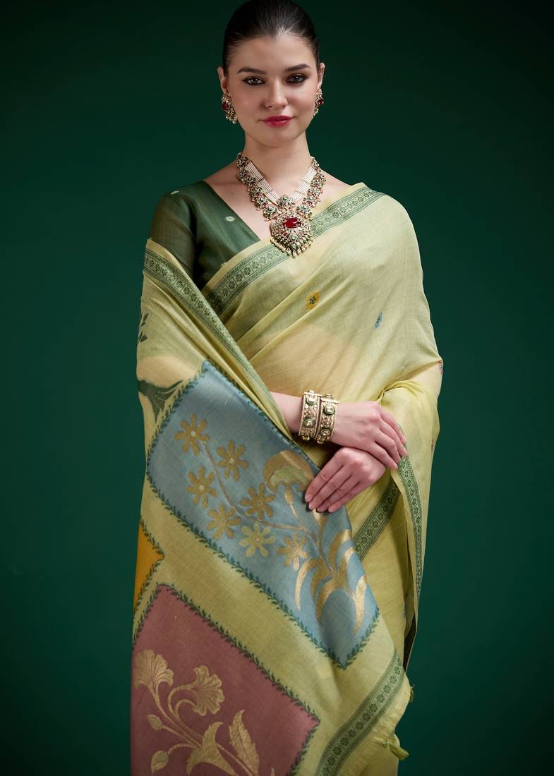 Yellow cotton silk printed saree with blouse