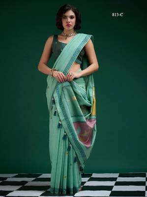 Turquoise cotton silk printed saree with blouse 1