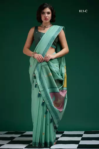 Turquoise cotton silk printed saree with blouse