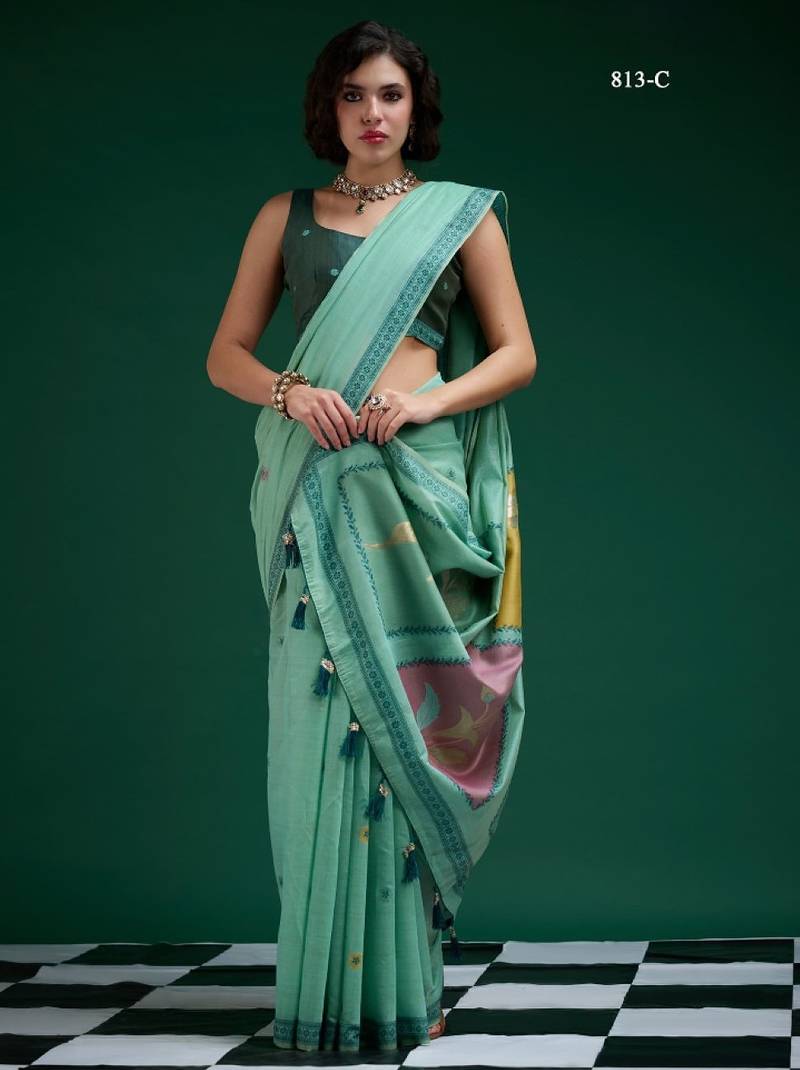 Turquoise cotton silk printed saree with blouse