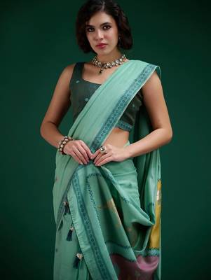 Turquoise cotton silk printed saree with blouse 2