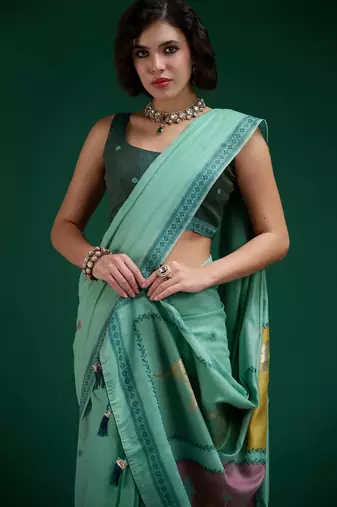 Turquoise cotton silk printed saree with blouse