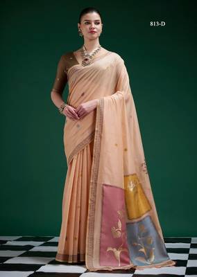 Peach cotton silk printed saree with blouse 1