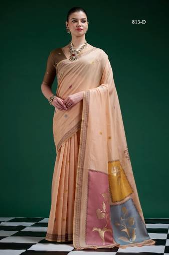 Peach cotton silk printed saree with blouse