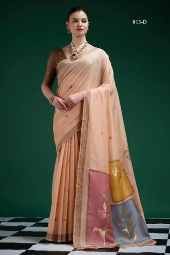 Peach cotton silk printed saree with blouse