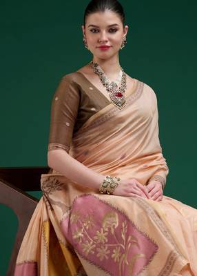 Peach cotton silk printed saree with blouse 2